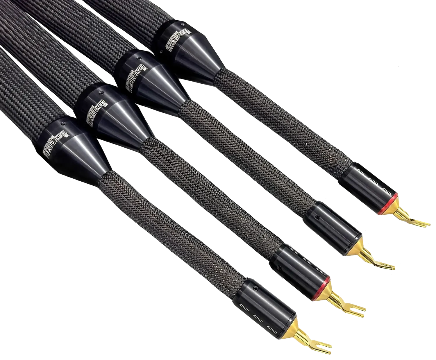 The Grand Master Evolution speaker cable: four runs with black machined barrels and gold spade terminations